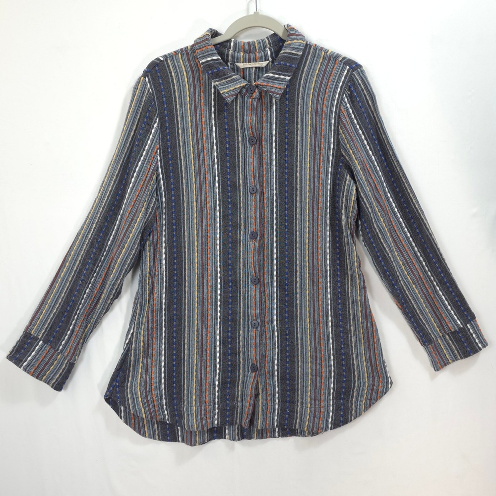 Soft Surroundings Embroidered Stripe Shirt Button Front & Back Women M Navy Boho